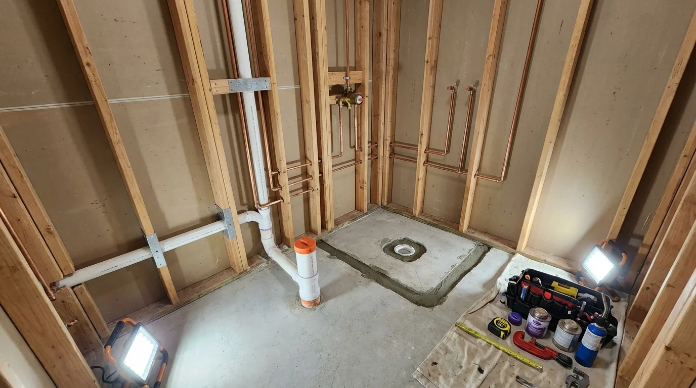 Bathroom rough-in plumbing during remodel by Johns Plumbing LLC in Johnson