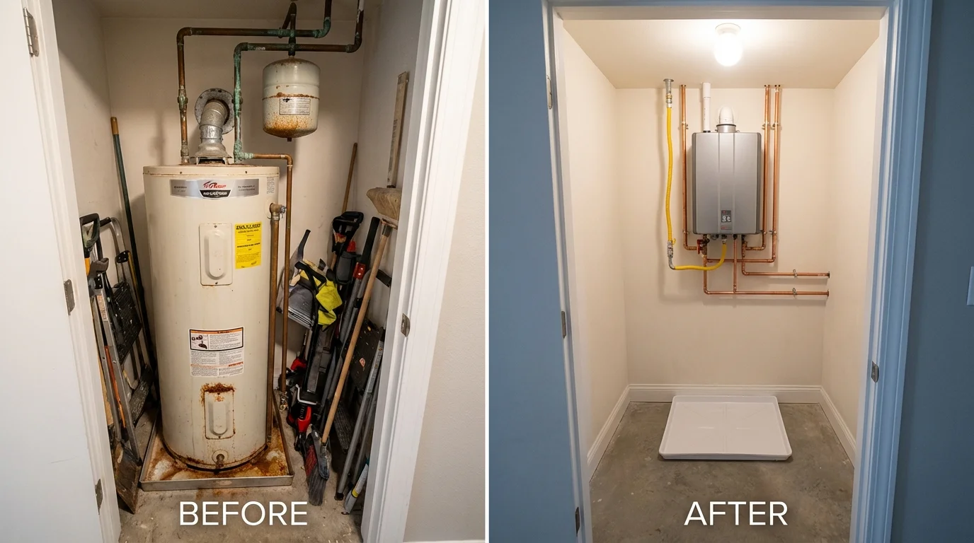 Tank water heater versus wall-mounted tankless unit comparison for Johnson, KS homeowners