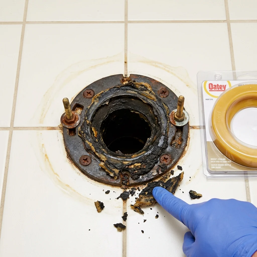 Failed wax ring showing water seepage at the base of a toilet in a Johnson, KS home