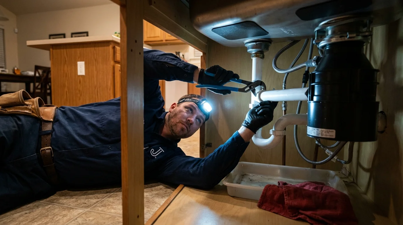 P-trap and supply line connections under a kitchen sink showing a common leak point in Johnson, KS